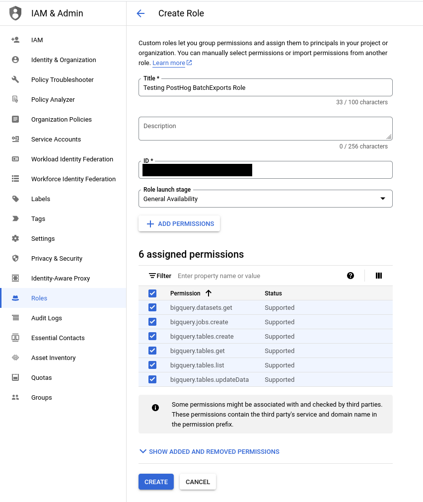 Create custom role for batch exports