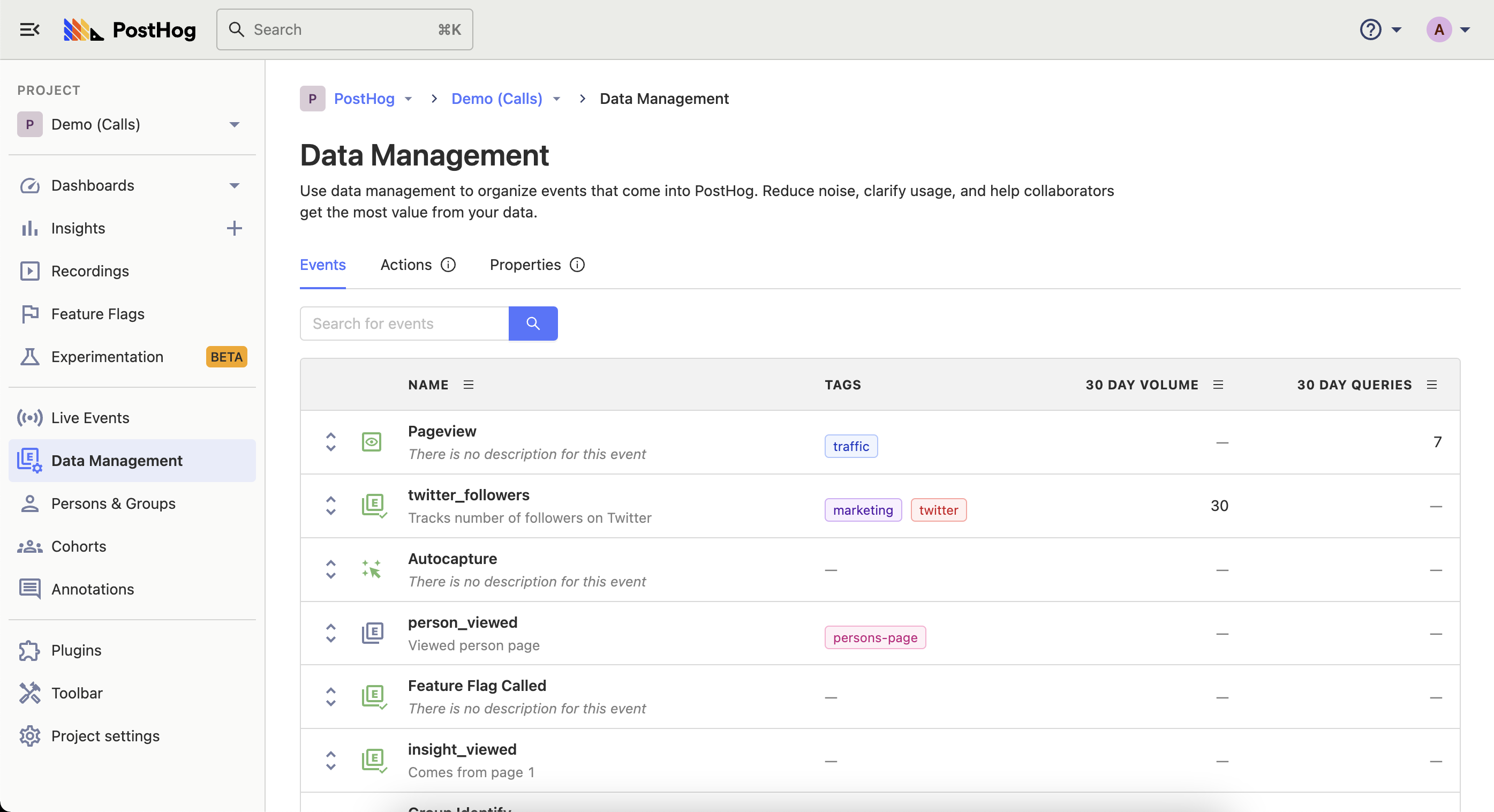 PostHog - data management page
